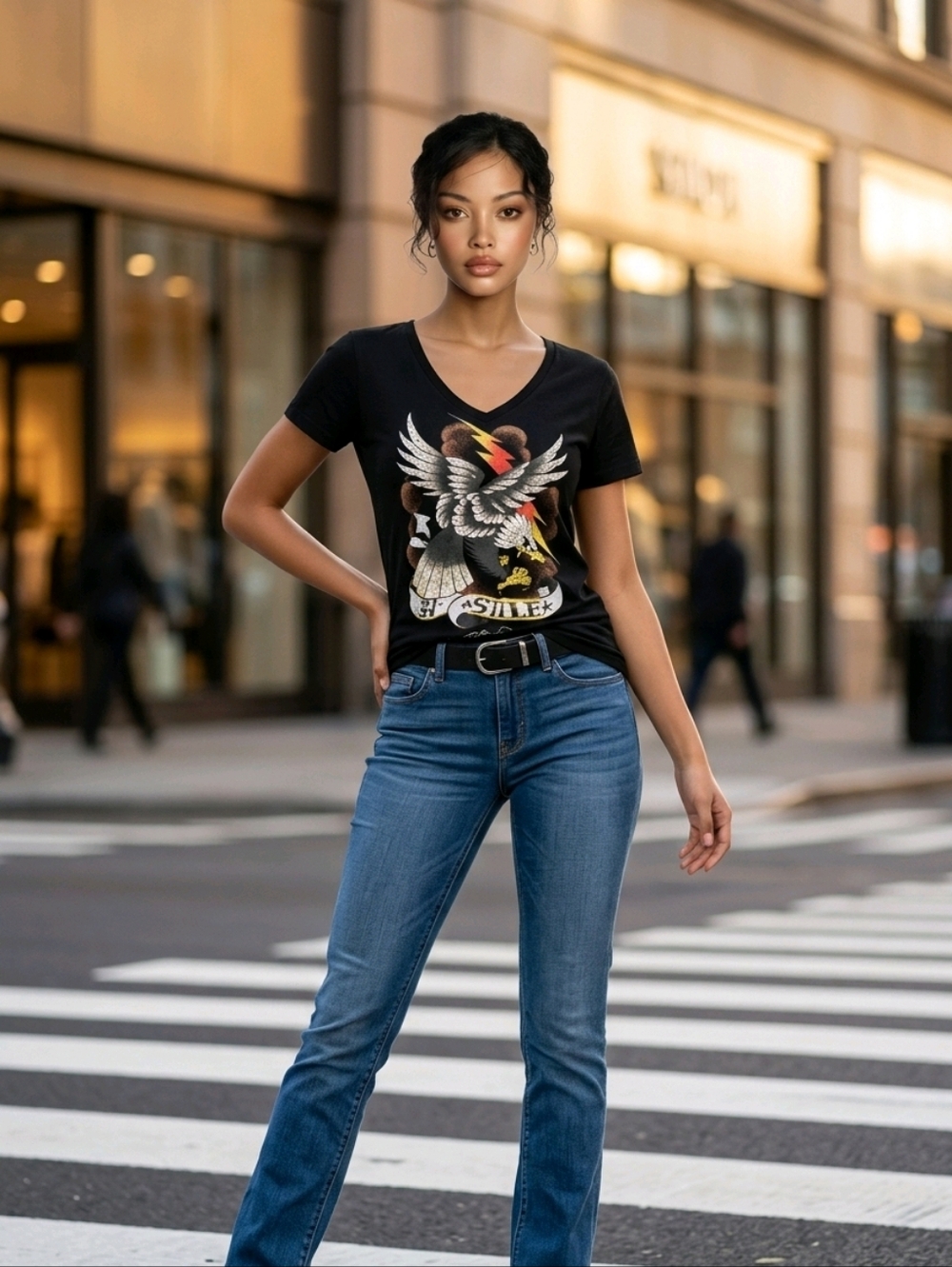 Vintage ED HARDY, Black Graphic V-Neck Tee with Eagle and Lightning, Tee Only